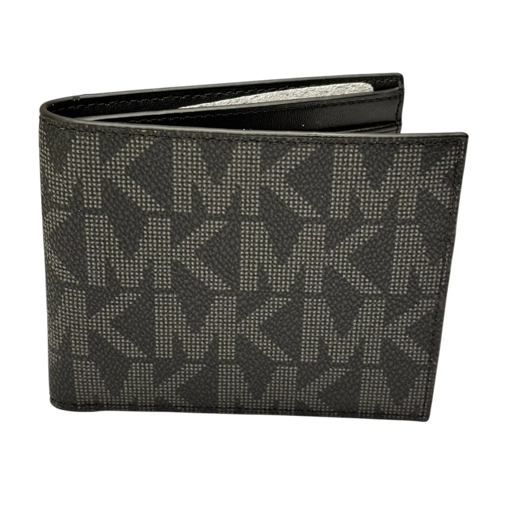 New Michael Kors Slim Logo Billfold Wallet Black High Quality Pebbled Leather